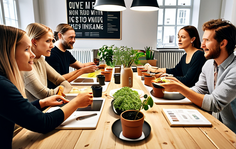 **Image Prompt:** A diverse group of Swedish consumers gathered around a table, discussing the environmental impact of various products. The scene is set in a modern, eco-friendly co-working space, with examples of sustainable packaging and ethically sourced goods visible. The atmosphere is collaborative and focused on responsible consumerism.