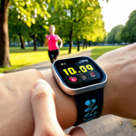 A person wearing a smartwatch while jogging in a park. The watch displays real-time health data like heart rate and steps taken. The background shows a vibrant, healthy outdoor environment. Focus on showcasing the integration of wearable technology into everyday fitness routines.
