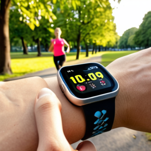 A person wearing a smartwatch while jogging in a park. The watch displays real-time health data like heart rate and steps taken. The background shows a vibrant, healthy outdoor environment. Focus on showcasing the integration of wearable technology into everyday fitness routines.