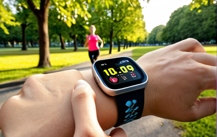 A person wearing a smartwatch while jogging in a park. The watch displays real-time health data like heart rate and steps taken. The background shows a vibrant, healthy outdoor environment. Focus on showcasing the integration of wearable technology into everyday fitness routines.