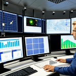 **Prompt:** "Modern Swedish smart grid control center. Display screens show real-time energy flow, renewable energy integration (solar panels, wind turbines), dynamic pricing graphs. Technicians monitor the system. Clean, futuristic design."